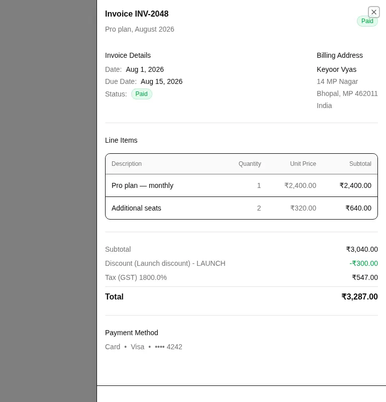 Harness screenshot of hextaui-billing-invoice-details at 768 pixels wide