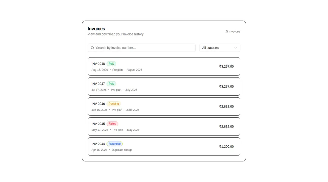 Harness screenshot of hextaui-billing-invoice-list at 1440 pixels wide