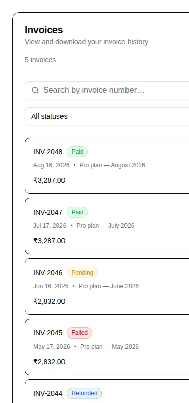 Harness screenshot of hextaui-billing-invoice-list at 375 pixels wide