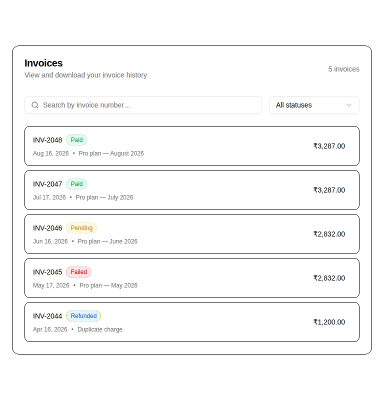 Harness screenshot of hextaui-billing-invoice-list at 768 pixels wide