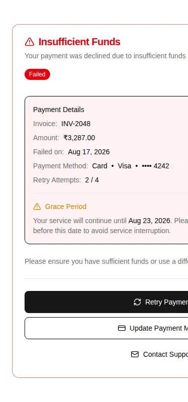 Harness screenshot of hextaui-billing-payment-failed at 375 pixels wide