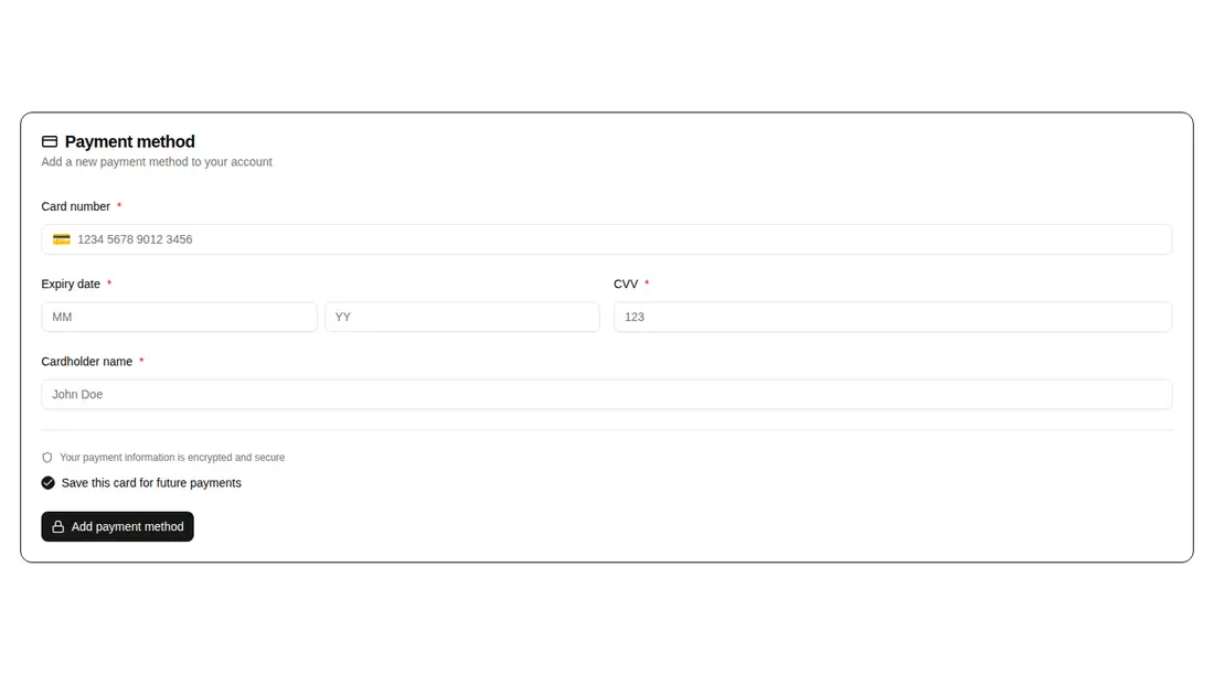 Harness screenshot of hextaui-billing-payment-form at 1440 pixels wide