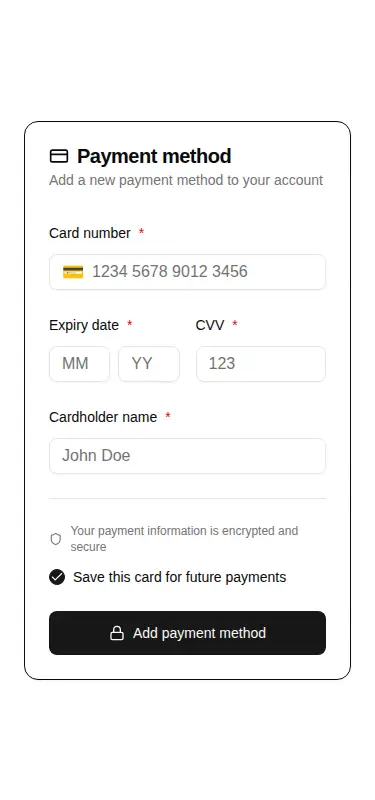 Harness screenshot of hextaui-billing-payment-form at 375 pixels wide
