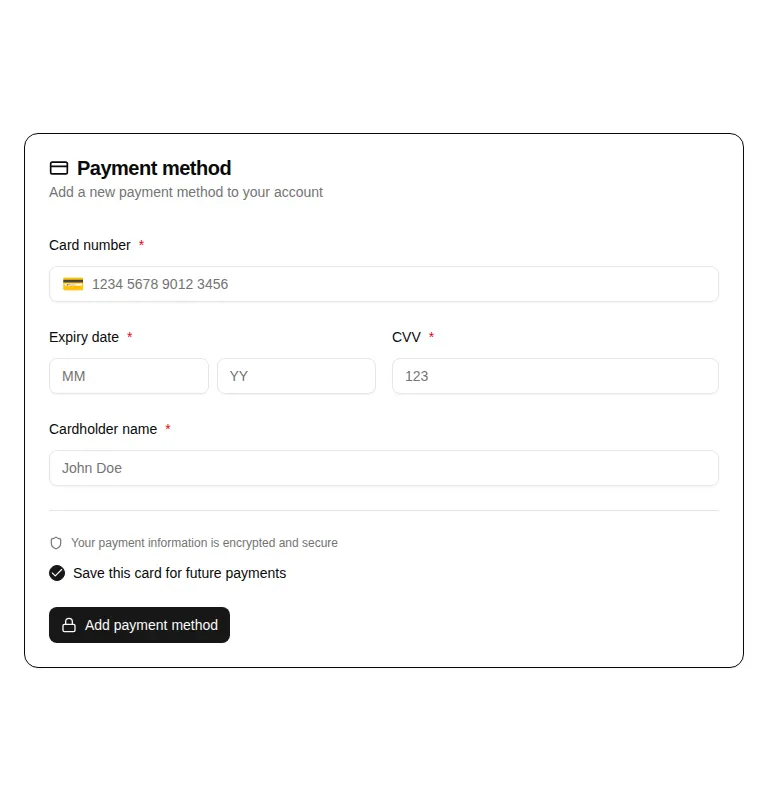 Harness screenshot of hextaui-billing-payment-form at 768 pixels wide