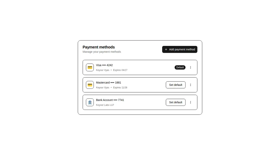 Harness screenshot of hextaui-billing-payment-method at 1440 pixels wide