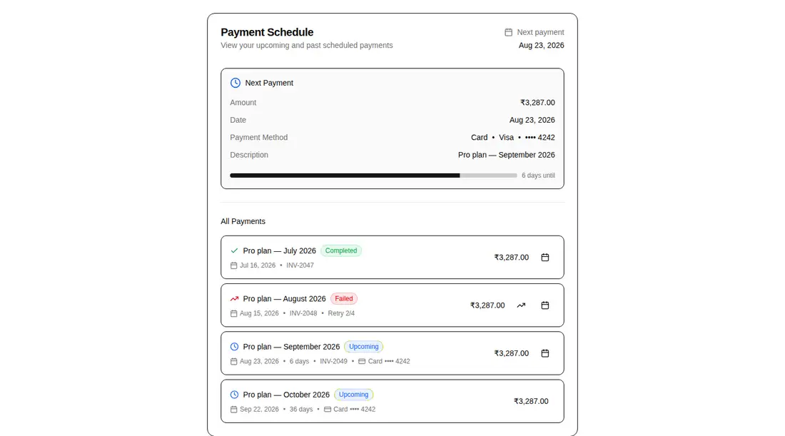 Harness screenshot of hextaui-billing-payment-schedule at 1440 pixels wide