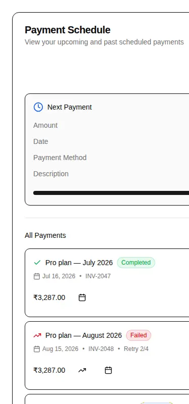 Harness screenshot of hextaui-billing-payment-schedule at 375 pixels wide
