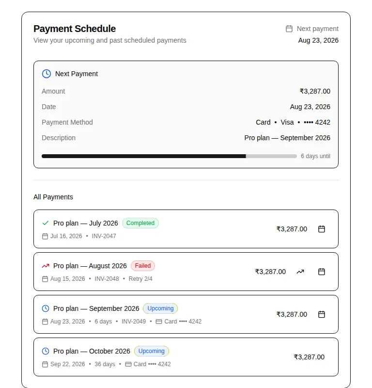 Harness screenshot of hextaui-billing-payment-schedule at 768 pixels wide