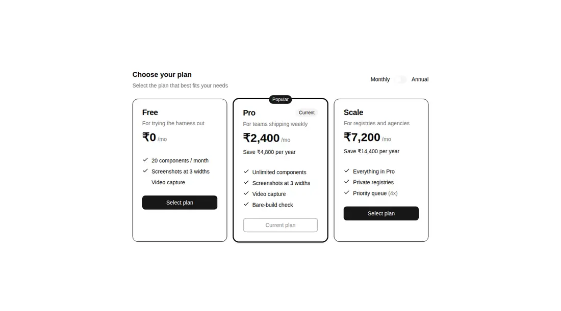 Harness screenshot of hextaui-billing-plan-selector at 1440 pixels wide