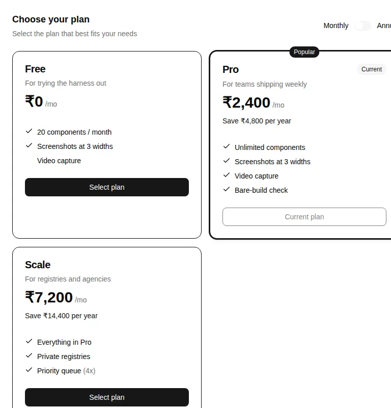 Harness screenshot of hextaui-billing-plan-selector at 768 pixels wide
