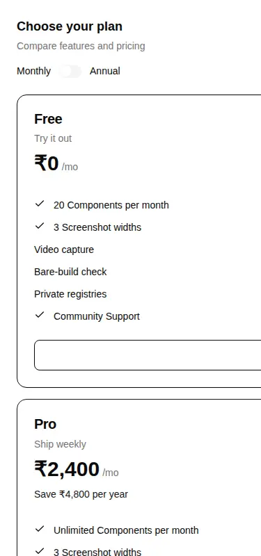 Harness screenshot of hextaui-billing-pricing-table at 375 pixels wide