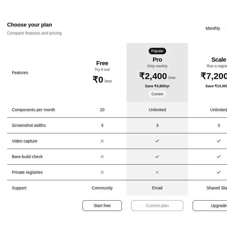 Harness screenshot of hextaui-billing-pricing-table at 768 pixels wide