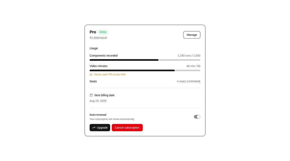 Harness screenshot of hextaui-billing-subscription-card at 1440 pixels wide