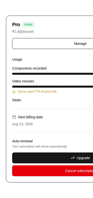 Harness screenshot of hextaui-billing-subscription-card at 375 pixels wide