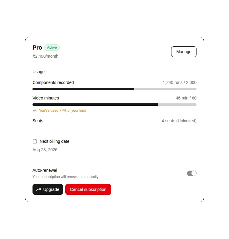 Harness screenshot of hextaui-billing-subscription-card at 768 pixels wide