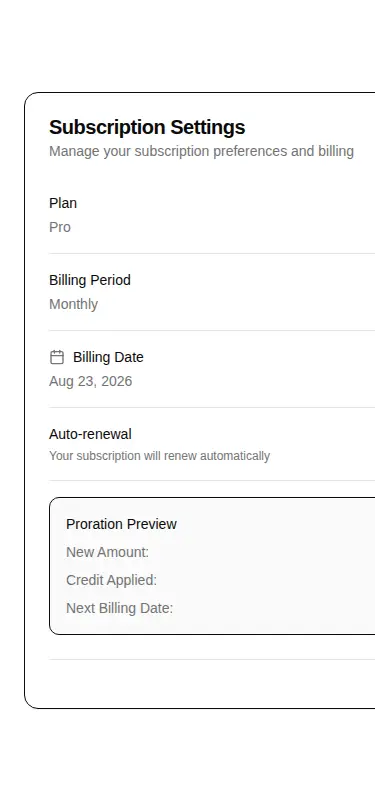 Harness screenshot of hextaui-billing-subscription-settings at 375 pixels wide