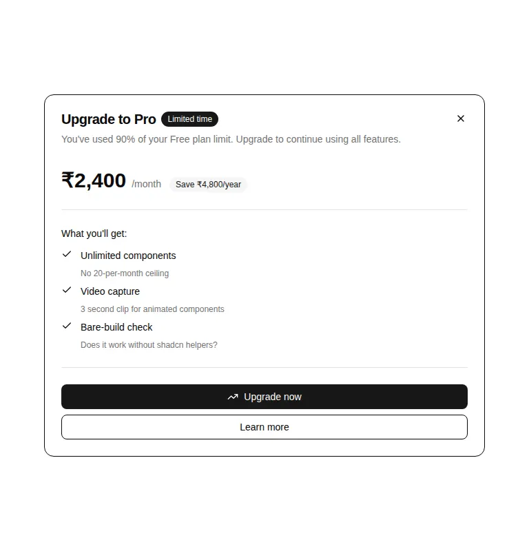 Harness screenshot of hextaui-billing-upgrade-prompt at 768 pixels wide