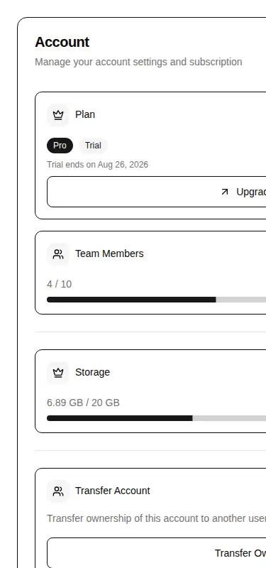 Harness screenshot of hextaui-settings-account at 375 pixels wide
