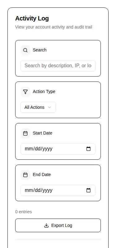 Harness screenshot of hextaui-settings-activity-log at 375 pixels wide
