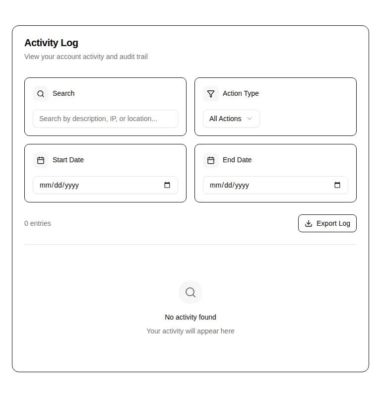 Harness screenshot of hextaui-settings-activity-log at 768 pixels wide