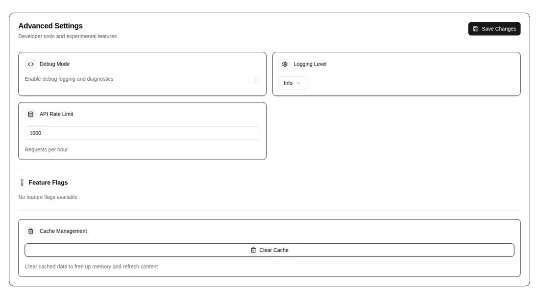 Harness screenshot of hextaui-settings-advanced at 1440 pixels wide