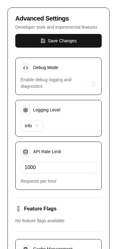 Harness screenshot of hextaui-settings-advanced at 375 pixels wide