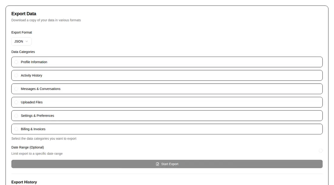 Harness screenshot of hextaui-settings-export-data at 1440 pixels wide