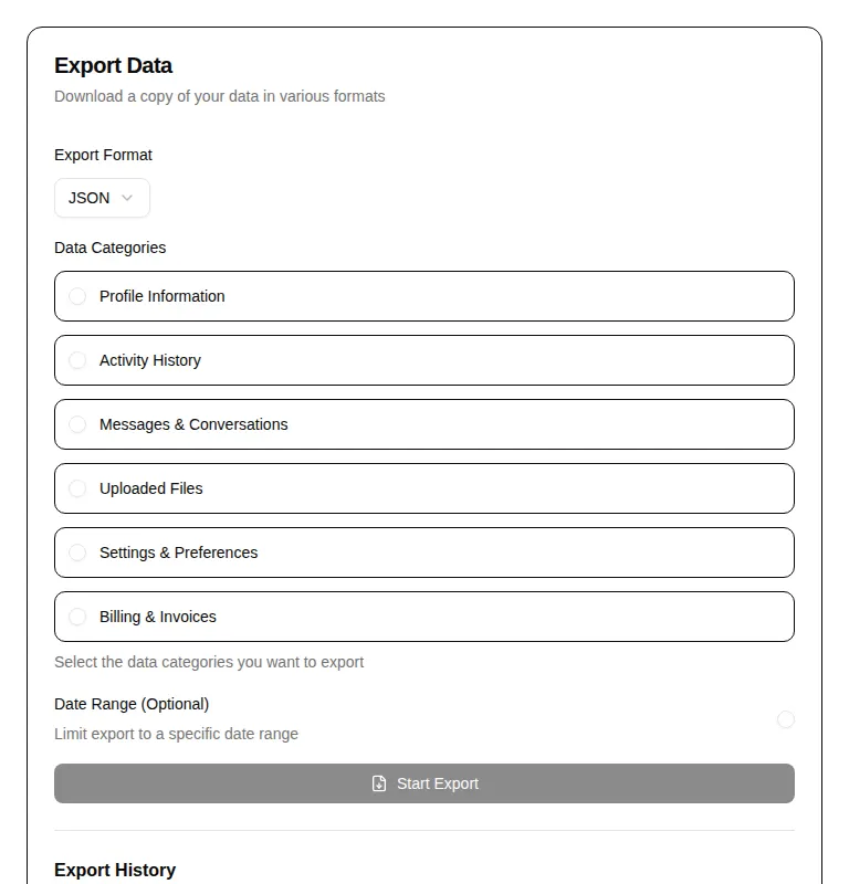 Harness screenshot of hextaui-settings-export-data at 768 pixels wide