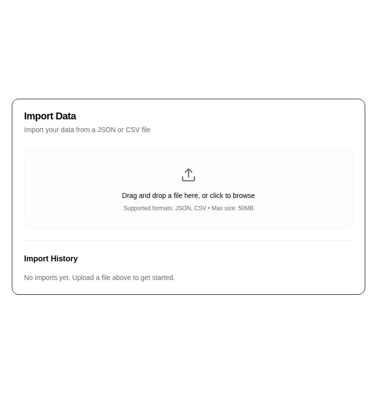 Harness screenshot of hextaui-settings-import-data at 768 pixels wide