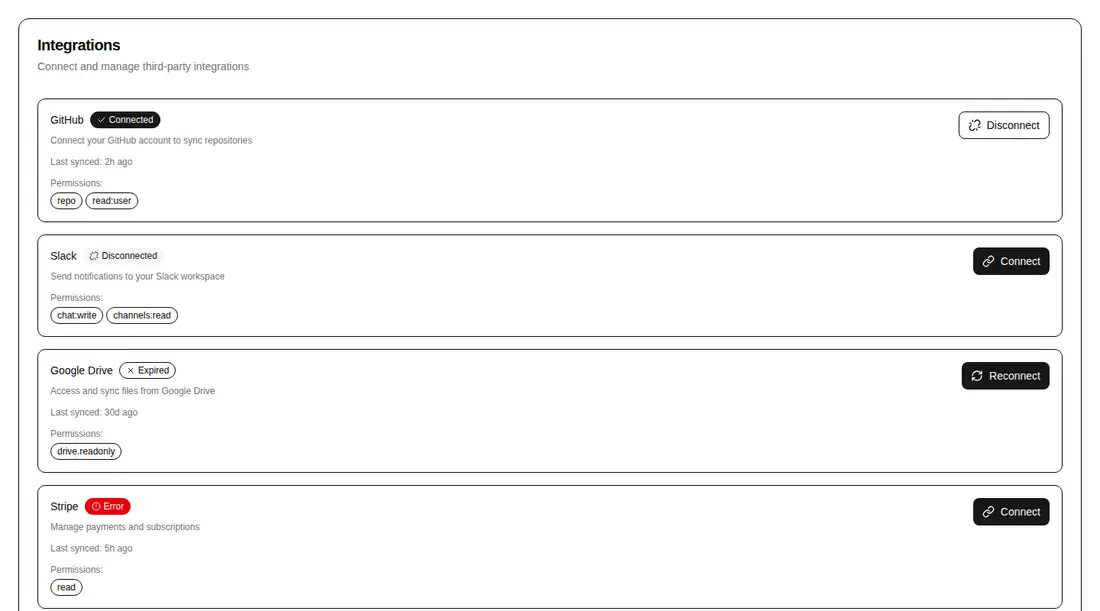 Harness screenshot of hextaui-settings-integrations at 1440 pixels wide