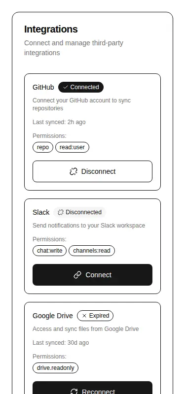 Harness screenshot of hextaui-settings-integrations at 375 pixels wide