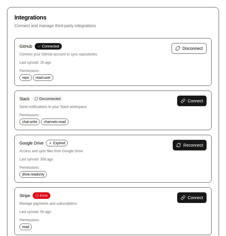 Harness screenshot of hextaui-settings-integrations at 768 pixels wide