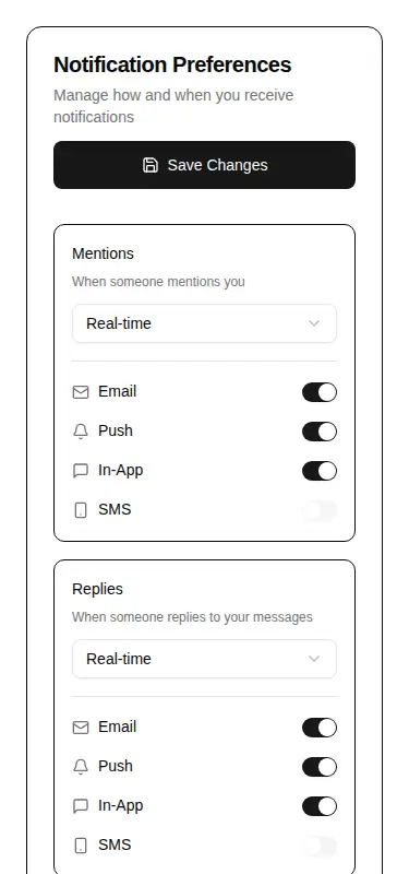 Harness screenshot of hextaui-settings-notifications at 375 pixels wide