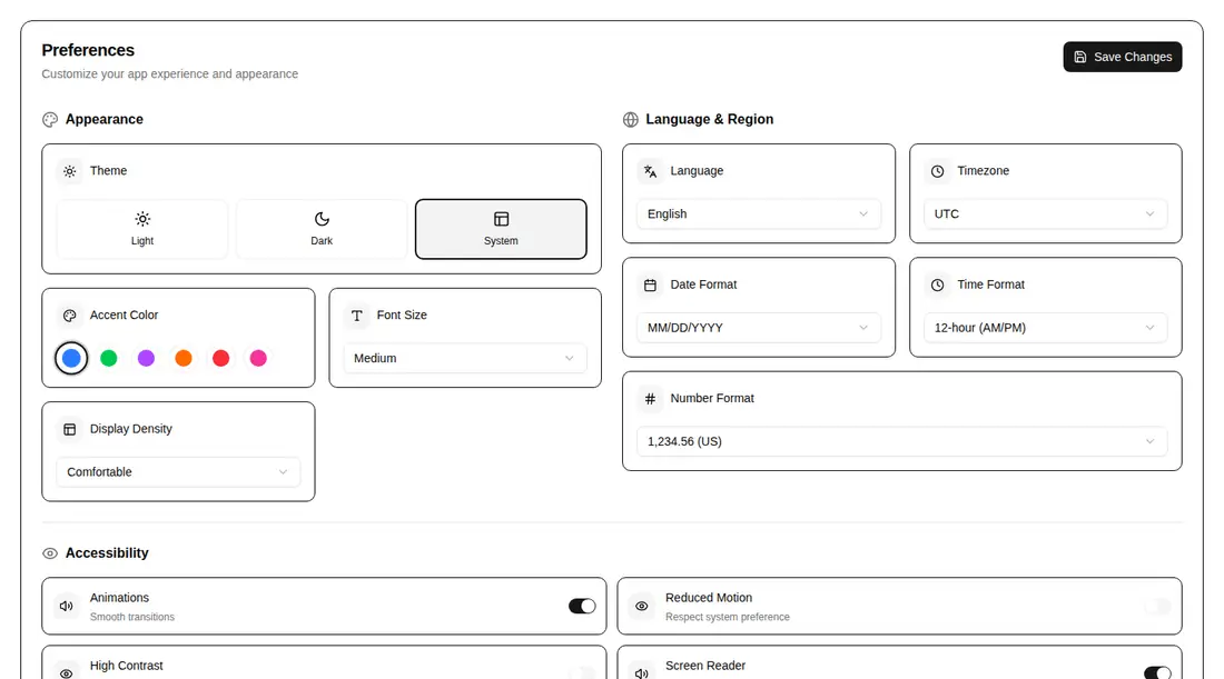 Harness screenshot of hextaui-settings-preferences at 1440 pixels wide