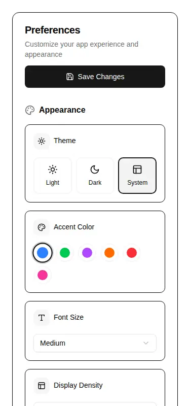 Harness screenshot of hextaui-settings-preferences at 375 pixels wide
