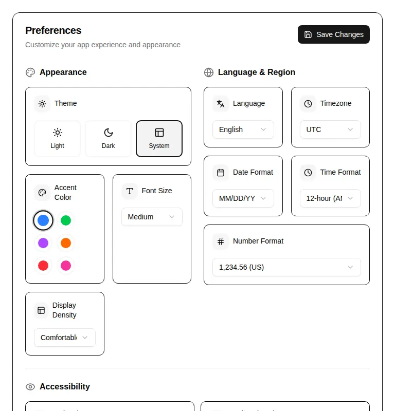 Harness screenshot of hextaui-settings-preferences at 768 pixels wide