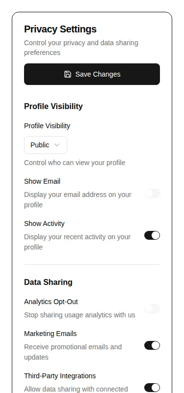 Harness screenshot of hextaui-settings-privacy at 375 pixels wide
