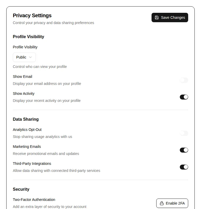 Harness screenshot of hextaui-settings-privacy at 768 pixels wide