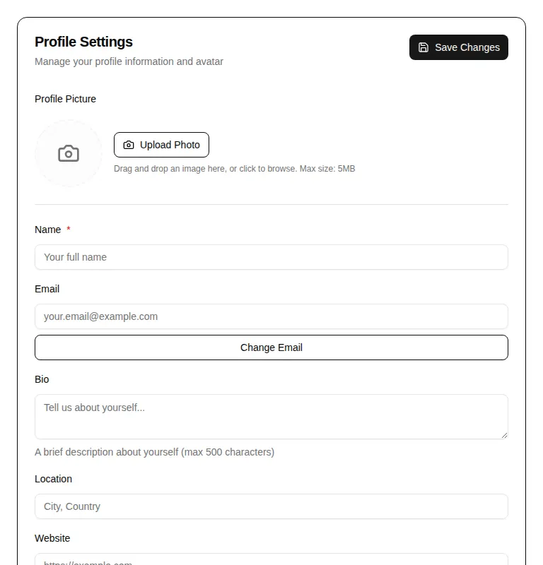 Harness screenshot of hextaui-settings-profile at 768 pixels wide