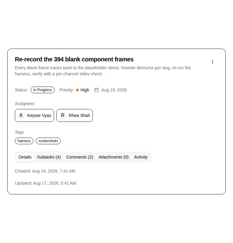 Harness screenshot of hextaui-task-detail at 768 pixels wide