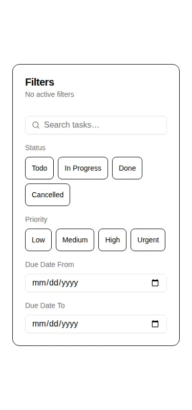 Harness screenshot of hextaui-task-filters at 375 pixels wide