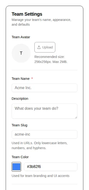 Harness screenshot of hextaui-team-settings at 375 pixels wide