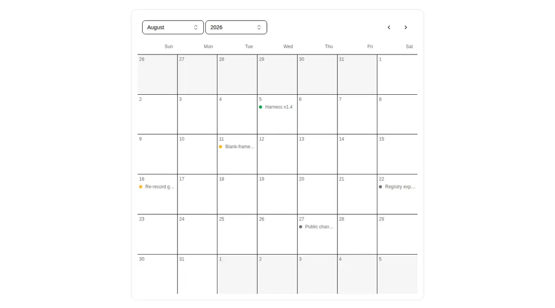 Harness screenshot of kibo-calendar at 1440 pixels wide
