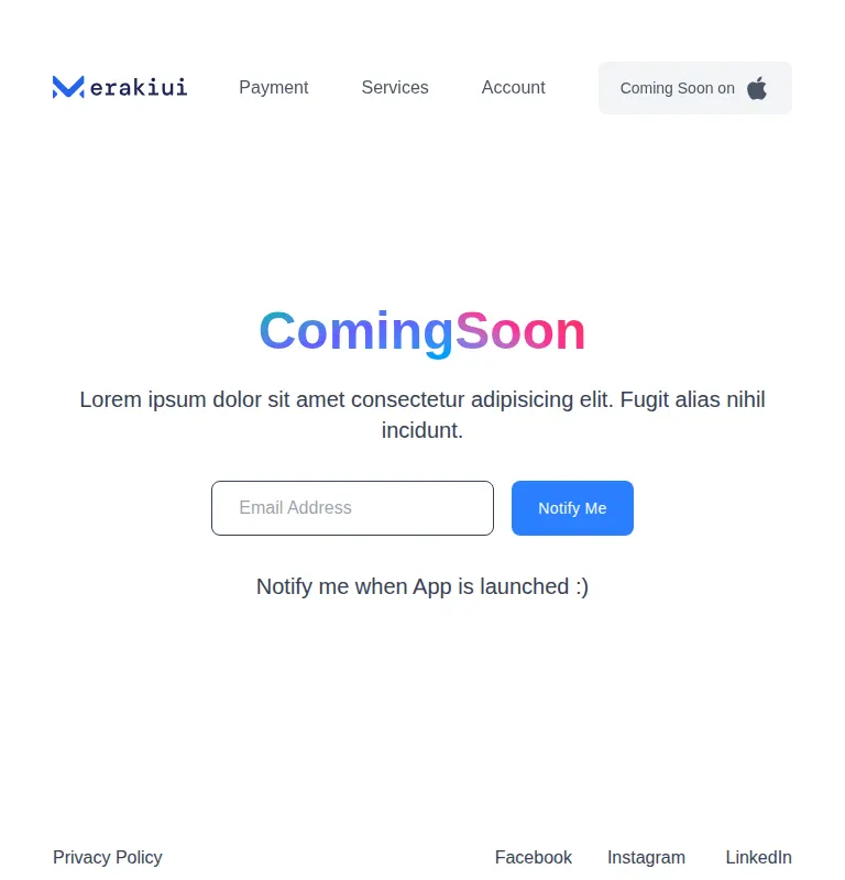 Harness screenshot of meraki-hero-coming-soon at 768 pixels wide