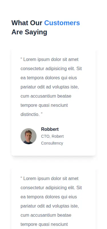Harness screenshot of meraki-testimonials-full-page-cards at 375 pixels wide