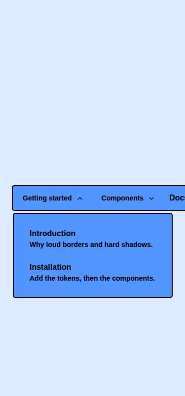 Harness screenshot of neobrutalism-navigation-menu at 375 pixels wide