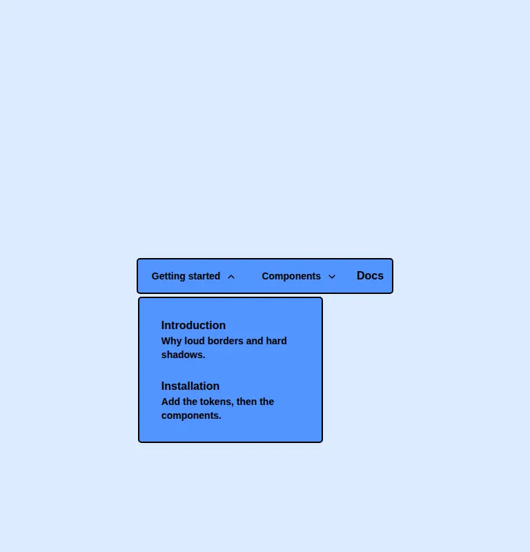 Harness screenshot of neobrutalism-navigation-menu at 768 pixels wide