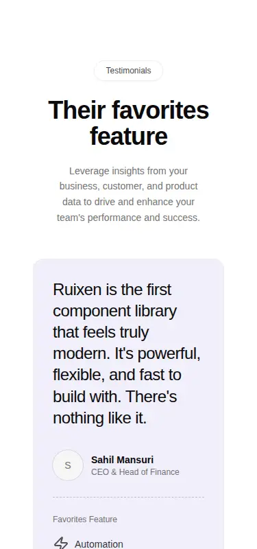 Harness screenshot of ruixen-featured-portrait-testimonial at 375 pixels wide