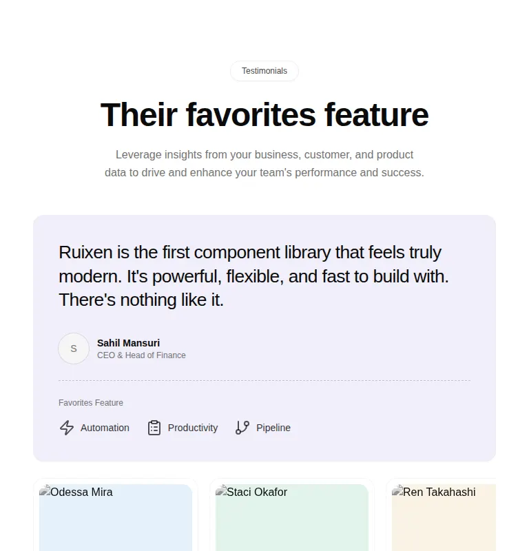 Harness screenshot of ruixen-featured-portrait-testimonial at 768 pixels wide