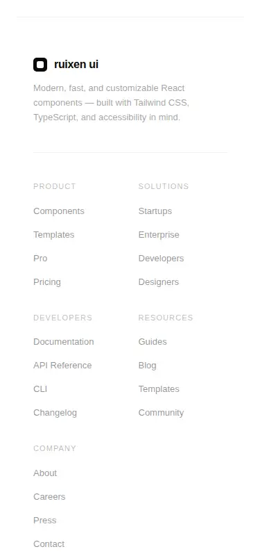 Harness screenshot of ruixen-footer-enterprise at 375 pixels wide